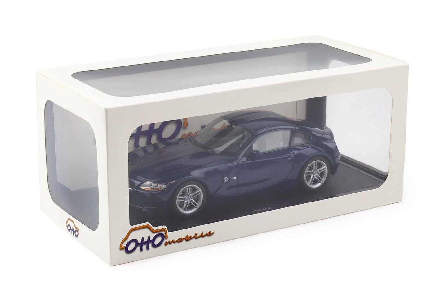 Blue metallic BMW Z4 M coupe die-cast model in clear display box