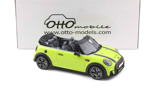 Lime green Mini Cooper Cabrio diecast model car, side view, black wheels