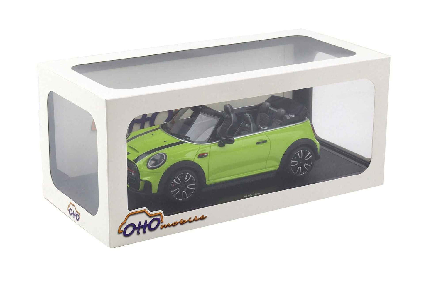 Lime green Mini Cooper Cabrio diecast model car in display box with clear window