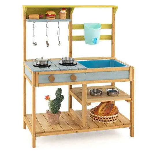 Outdoor kids mud kitchen playset with wooden frame, faucet, blue sink and shelves