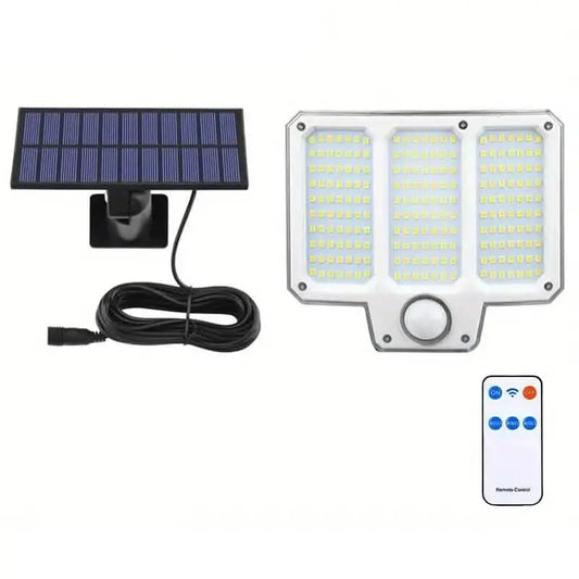 Outdoor solar LED security light with large LED panel and motion sensor, plus remote