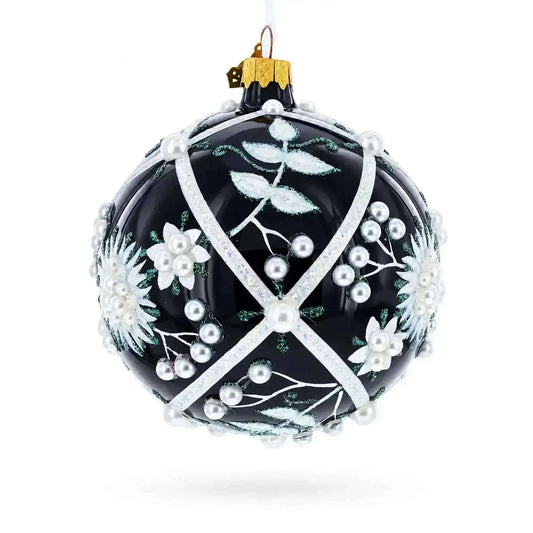Pearl-Encrusted White Floral Design on Black Glass Ball Christmas Ornament - 4 Inches Cartsfy Inc.