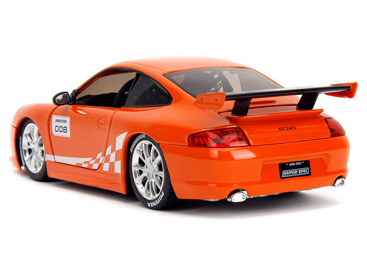 Porsche 911 GT3 RS (996) #008 "Bridgestone" Orange Metallic with White Graphics "Hyper-Spec" Series 1/24 Diecast Model Car by Jada Cartsfy Inc.