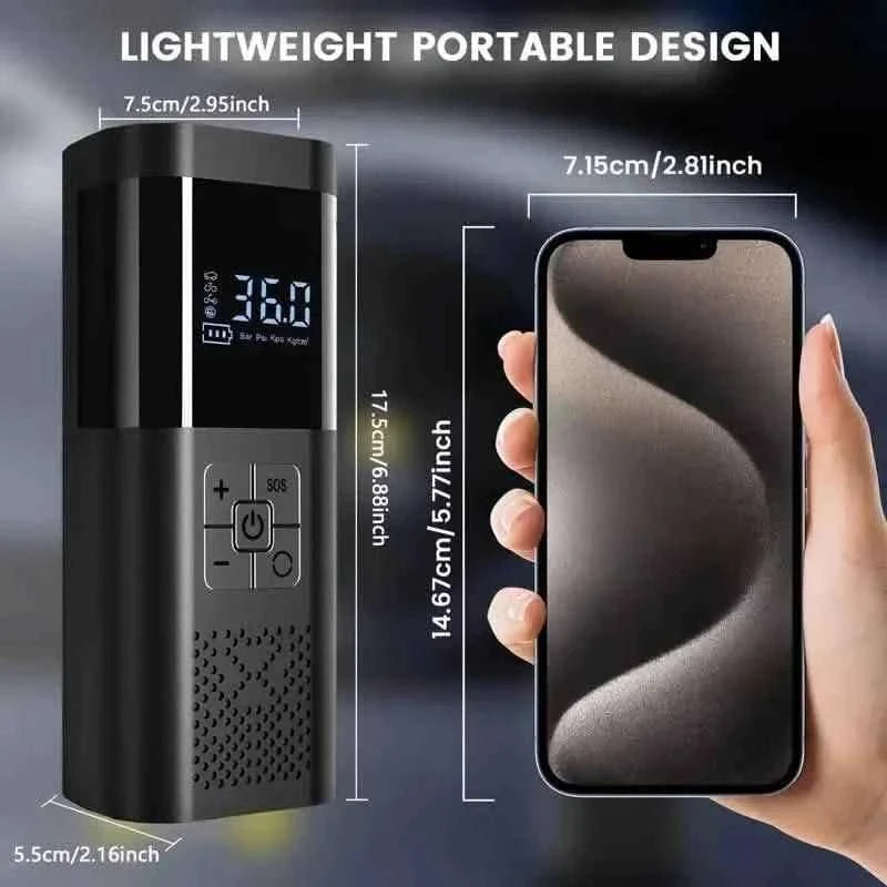 Portable electric tire inflator with small size, digital screen and blue indicator light, black