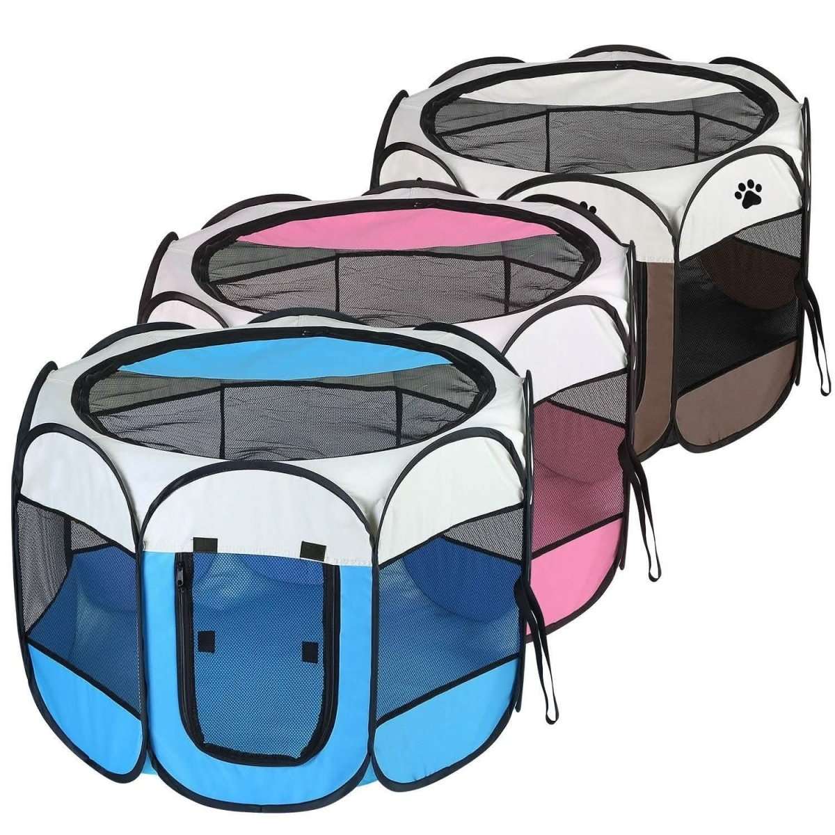 Stacked foldable pet playpen tents in blue and pink with mesh sides and paw-print accents