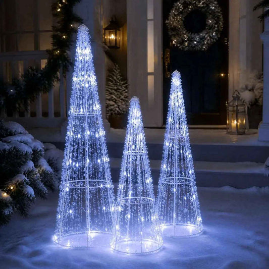 Pre-Lit Christmas Cone Trees Set of 3 with Cold White Lights
