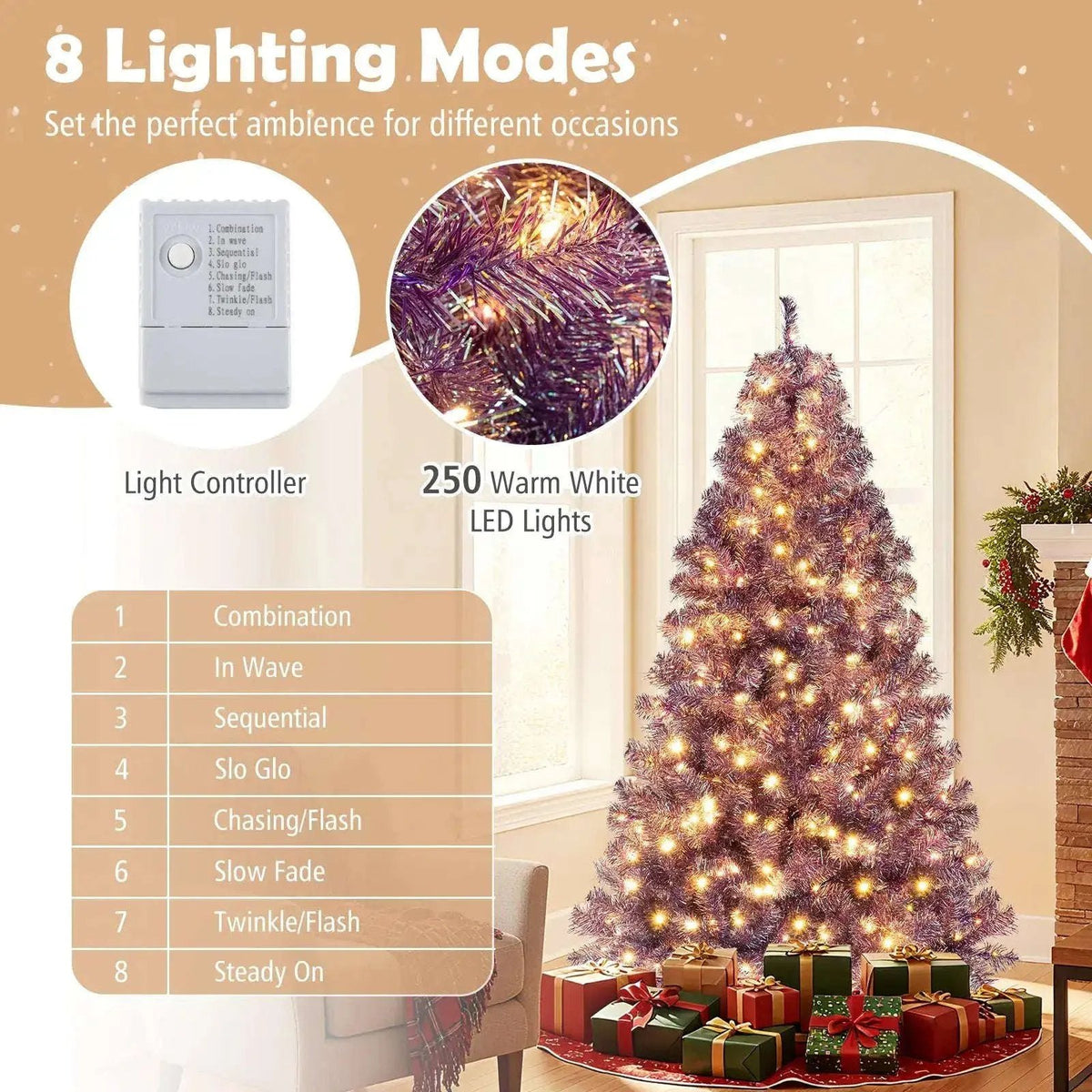 Pre-Lit Tinsel Christmas Tree Artificial Xmas Tree with Lush Branch Tips and Warm White LED Lights Cartsfy Inc.