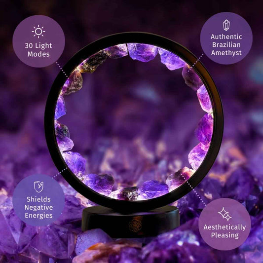 Purple amethyst crystal circle lamp with dark base, glowing ring of stone segments