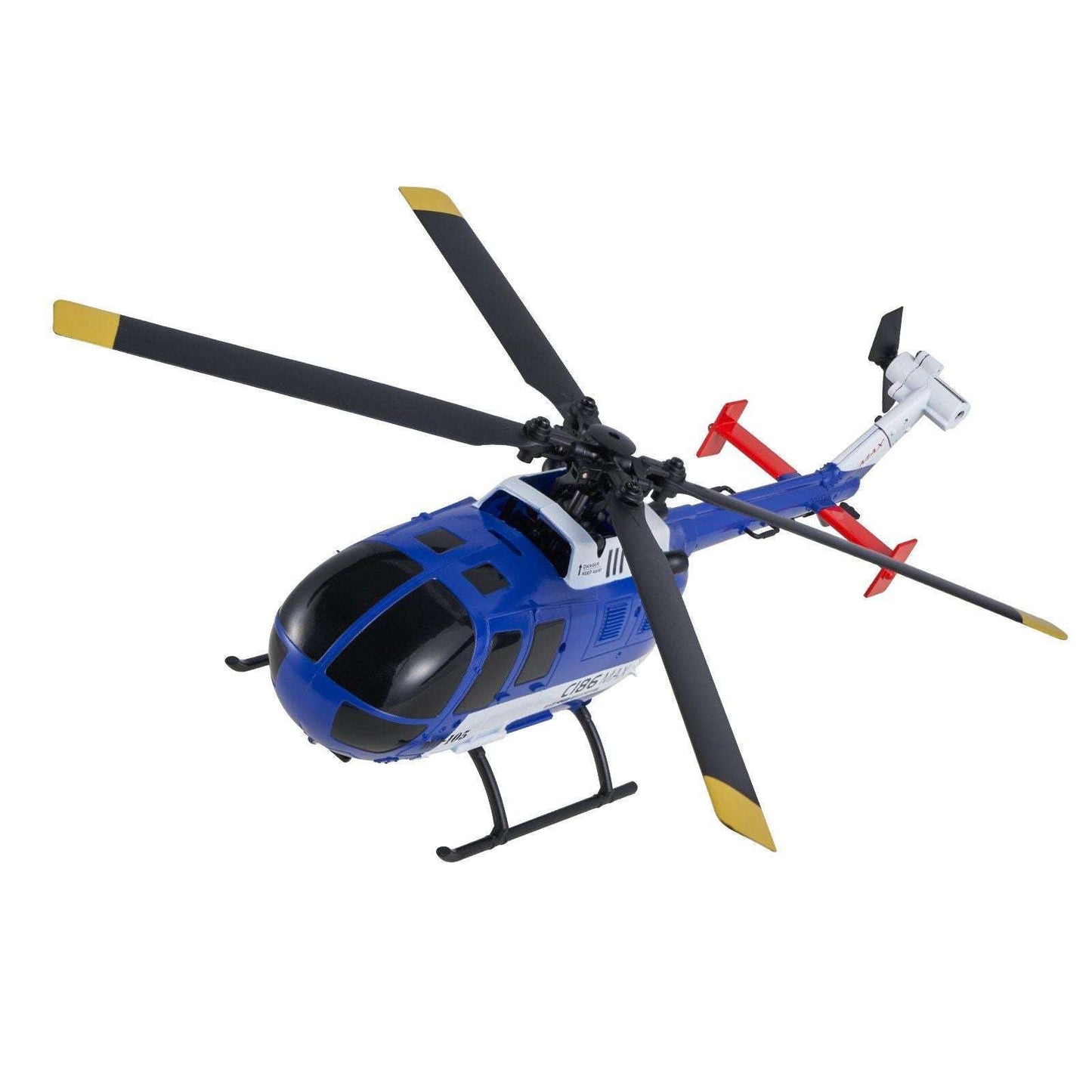 Blue RC 4-channel helicopter toy with black skids and yellow rotor blades