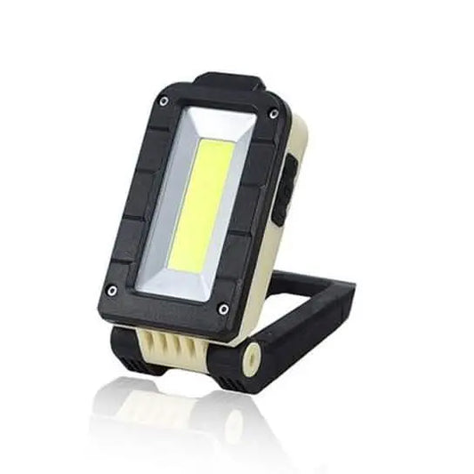 Black rechargeable folding LED light with rectangular COB panel and angled stand
