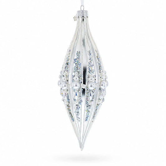 Pearl and Glitter Jeweled Elongated Pointed Teardrop Finial Glass Christmas Ornament BestPysanky Default Title Default Title-