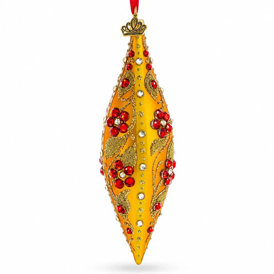 Gold and Red Floral Jeweled Elongated Pointed Teardrop Finial Glass Christmas Ornament BestPysanky Default Title Default Title-