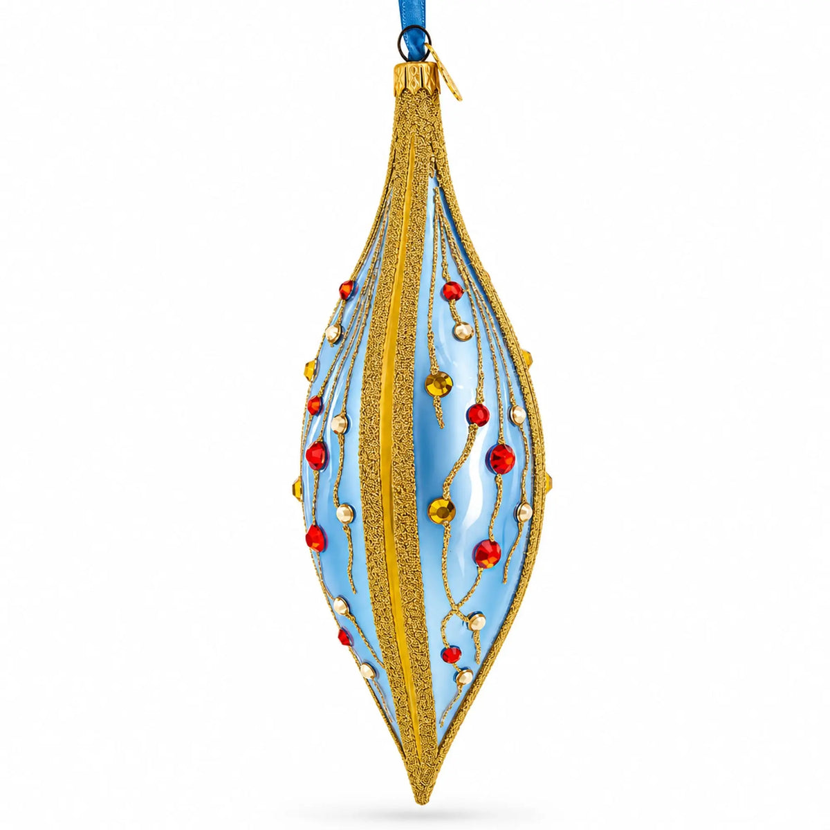 Blue and Gold Jeweled Vine Elongated Pointed Teardrop Finial Glass Christmas Ornament