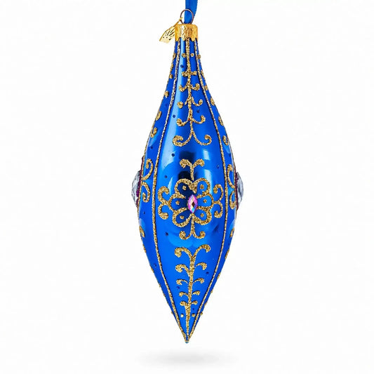 Royal Blue Jewel Scroll Elongated Pointed Teardrop Finial Glass Christmas Ornament BestPysanky Default Title Default Title-