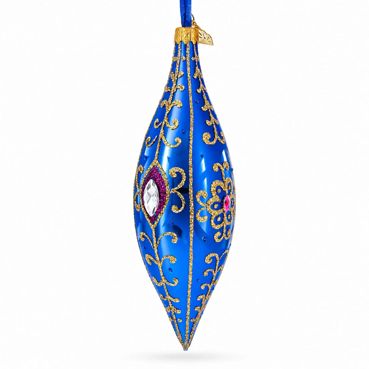 Royal Blue Jewel Scroll Elongated Pointed Teardrop Finial Glass Christmas Ornament