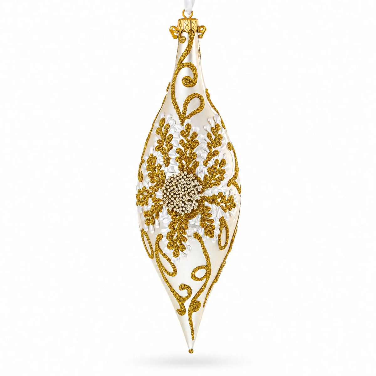 Ivory & Gold Pearl Embossed Elongated Pointed Teardrop Finial Glass Christmas Ornament