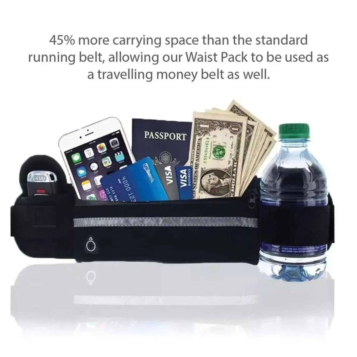 Black running waist bum bag with compartments holding phone, passport, cash, and bottle