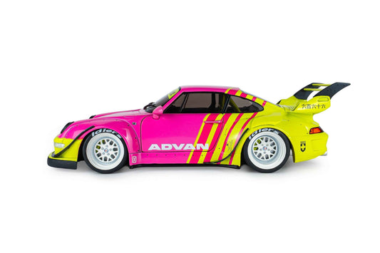 Pink and yellow die-cast sports car model with RWB widebody kit, side 3/4 view