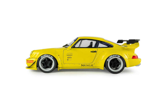 Yellow Porsche 911 RWB die-cast model, side view, black wheels and NATALIE decal