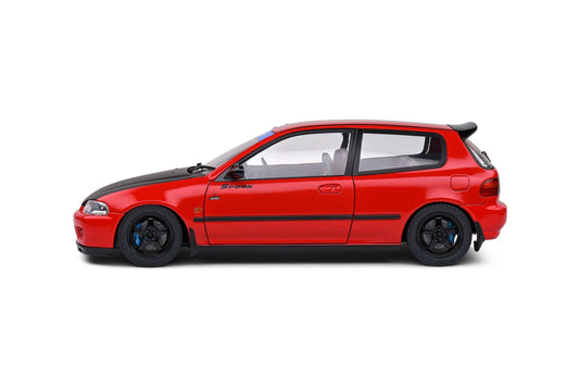 Die-cast 1:18 Honda Civic EG6 red car with black wheels, side profile view.