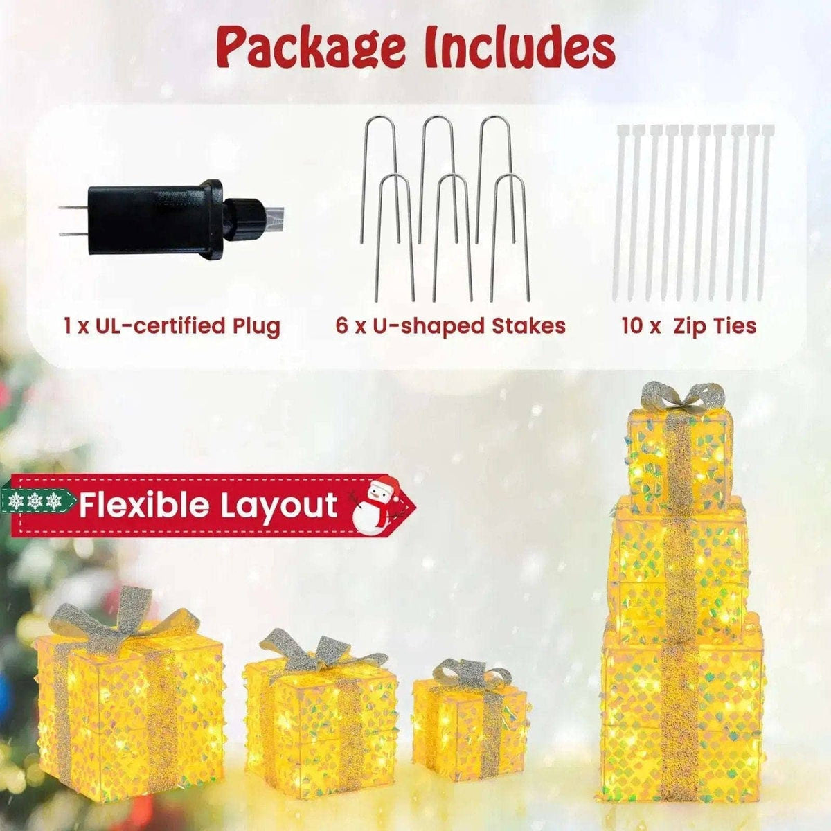 Set of 3 Christmas Lighted Gift Boxes with Pre-lit 90 LED Light and Bows Cartsfy Inc.