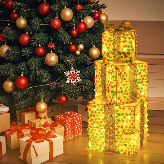 Set of 3 Christmas Lighted Gift Boxes with Pre-lit 90 LED Light and Bows Cartsfy Inc.
