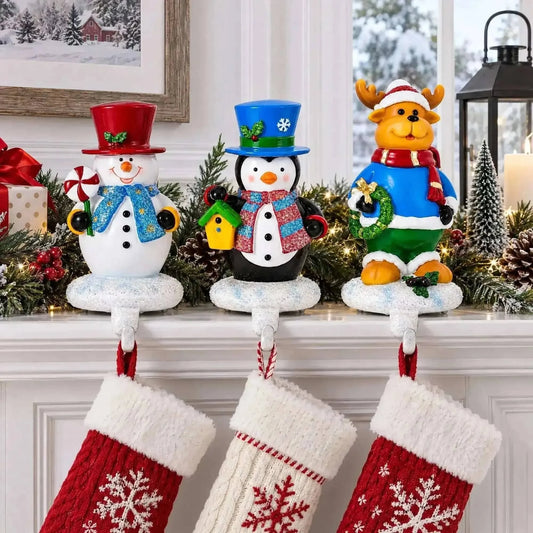 Set of 3 Christmas Stocking Holders - Snowman Penguin Reindeer Mantel Hooks Cartsfy Inc.