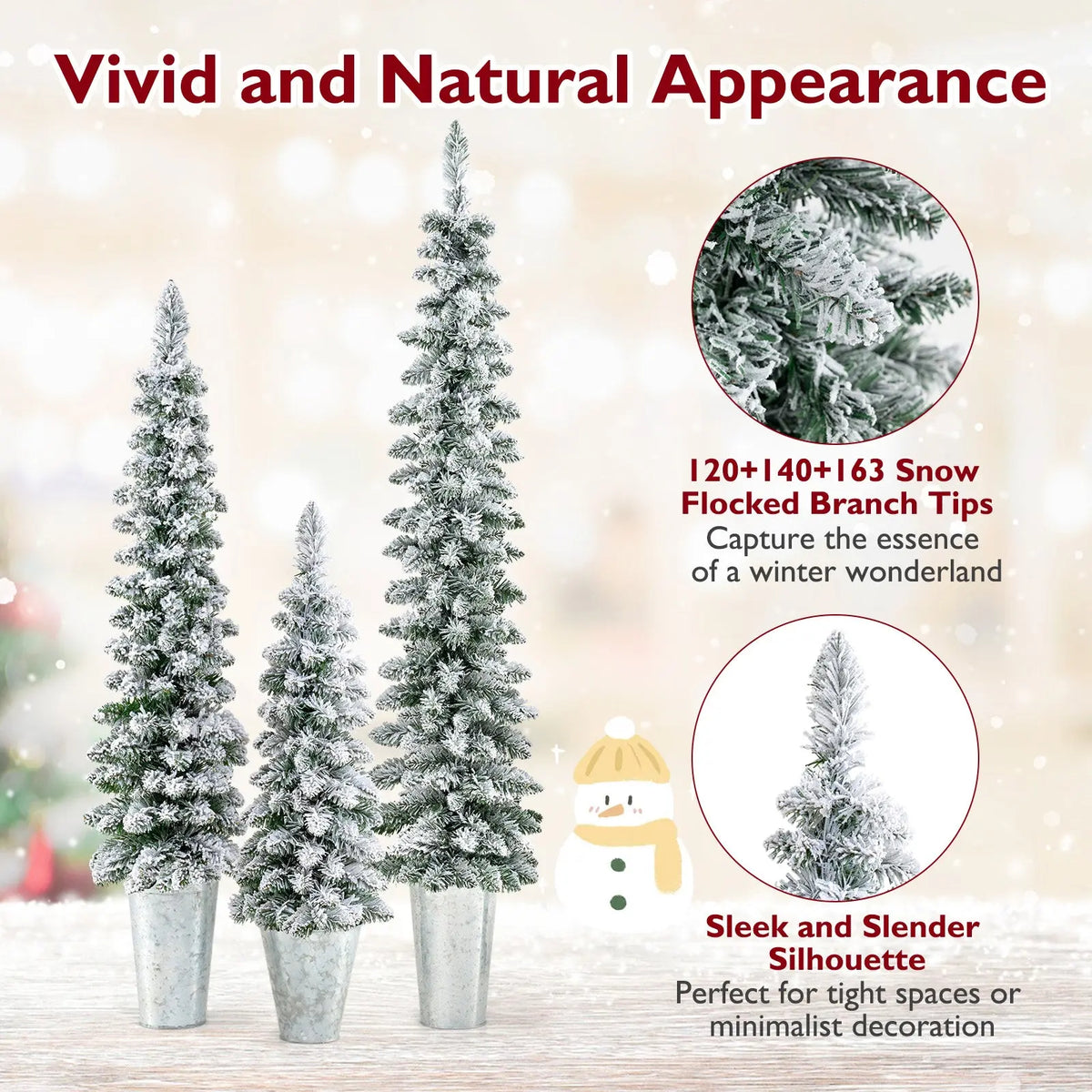 Set of 3 Pre-Lit Snow Flocked Artificial Christmas Trees witrh 423 Branch Tips