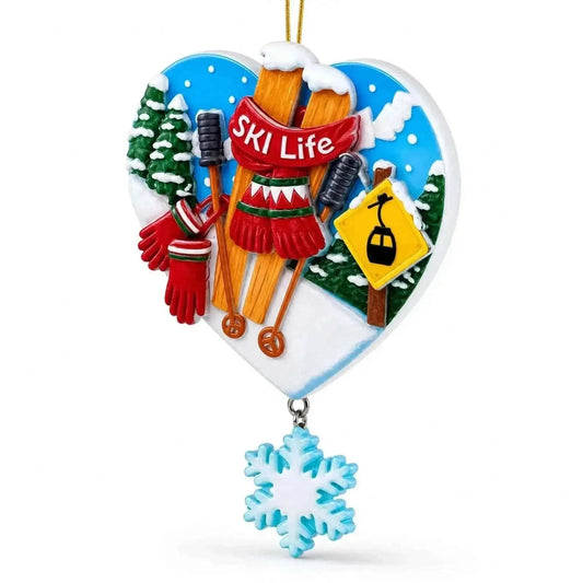 Ski Life Skis with Snowflake and Cable Car Resin Christmas Ornament