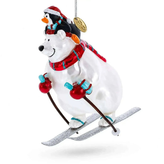 Skiing Polar Bear with Penguin Glass Christmas Ornament Cartsfy Inc.