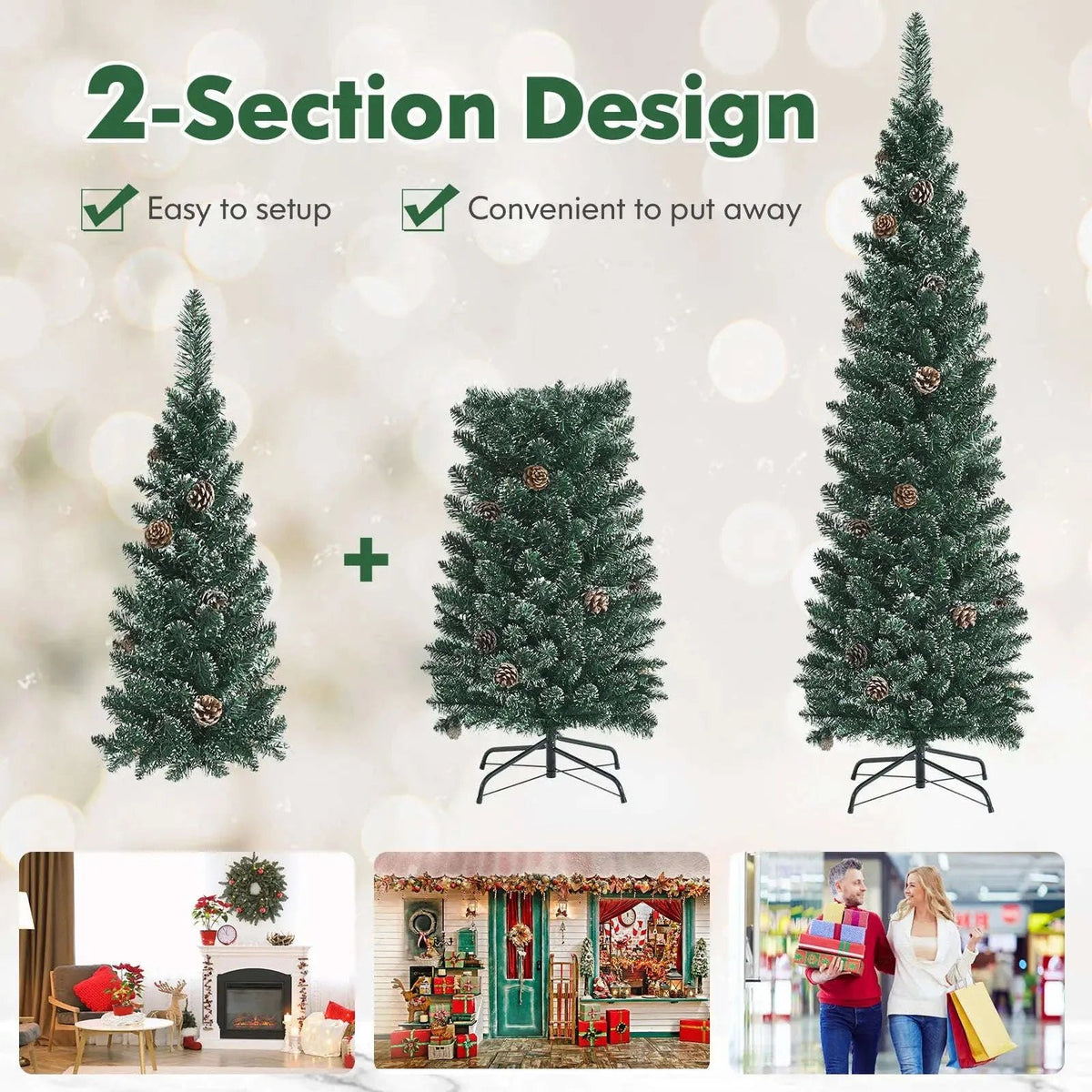 Snowy Artificial Pencil Christmas Tree with Pine Cones Cartsfy Inc.
