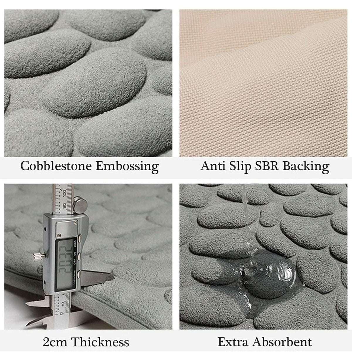 Cobblestone embossed bath mat texture with anti-slip SBR backing and thick cushion.