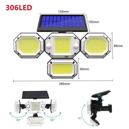 Outdoor solar light fixture with 306 LEDs, four hex heads and solar panel