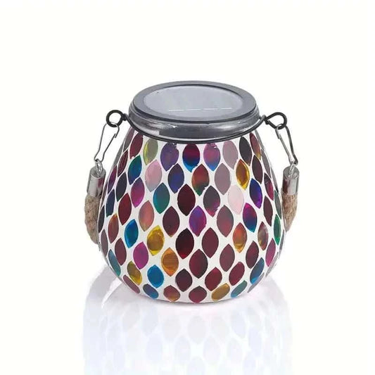 Colorful mosaic solar lantern, round glass jar with black solar cap and curved side handles