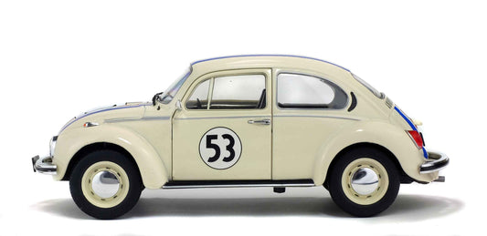 Cream 1:18 Volkswagen Beetle racer side view with number 53 and blue-red racing stripes