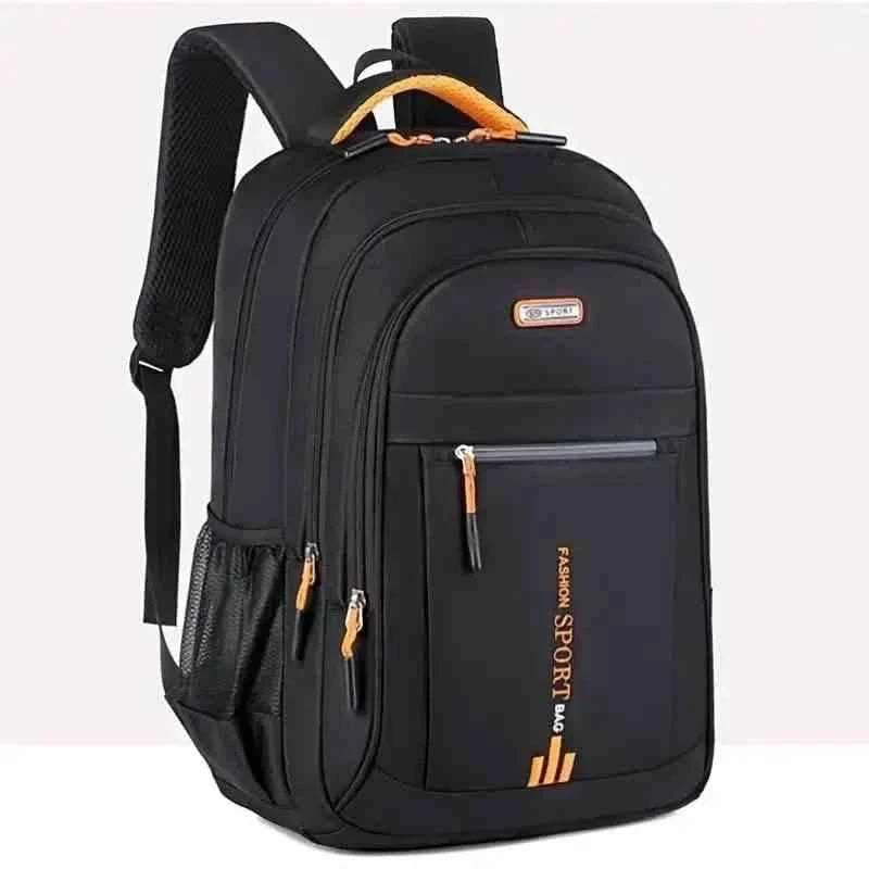 Black multi-pocket backpack with front zip pocket and orange accents, padded back and straps