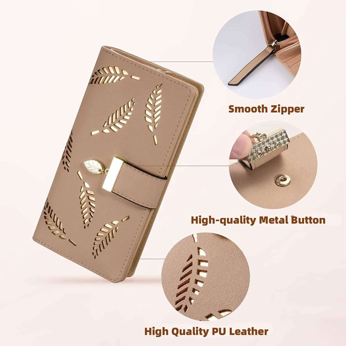 Beige leaf-pattern bifold wallet angled with smooth zipper and metal button