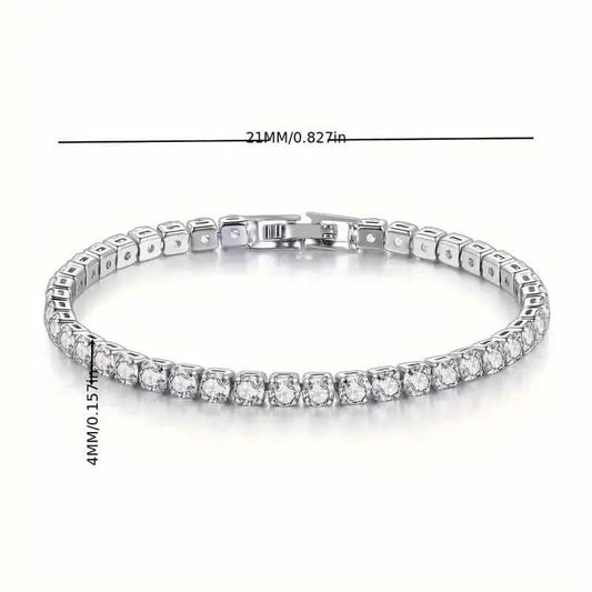 Silver-tone tennis bracelet, close view of clear stones in rectangular link settings