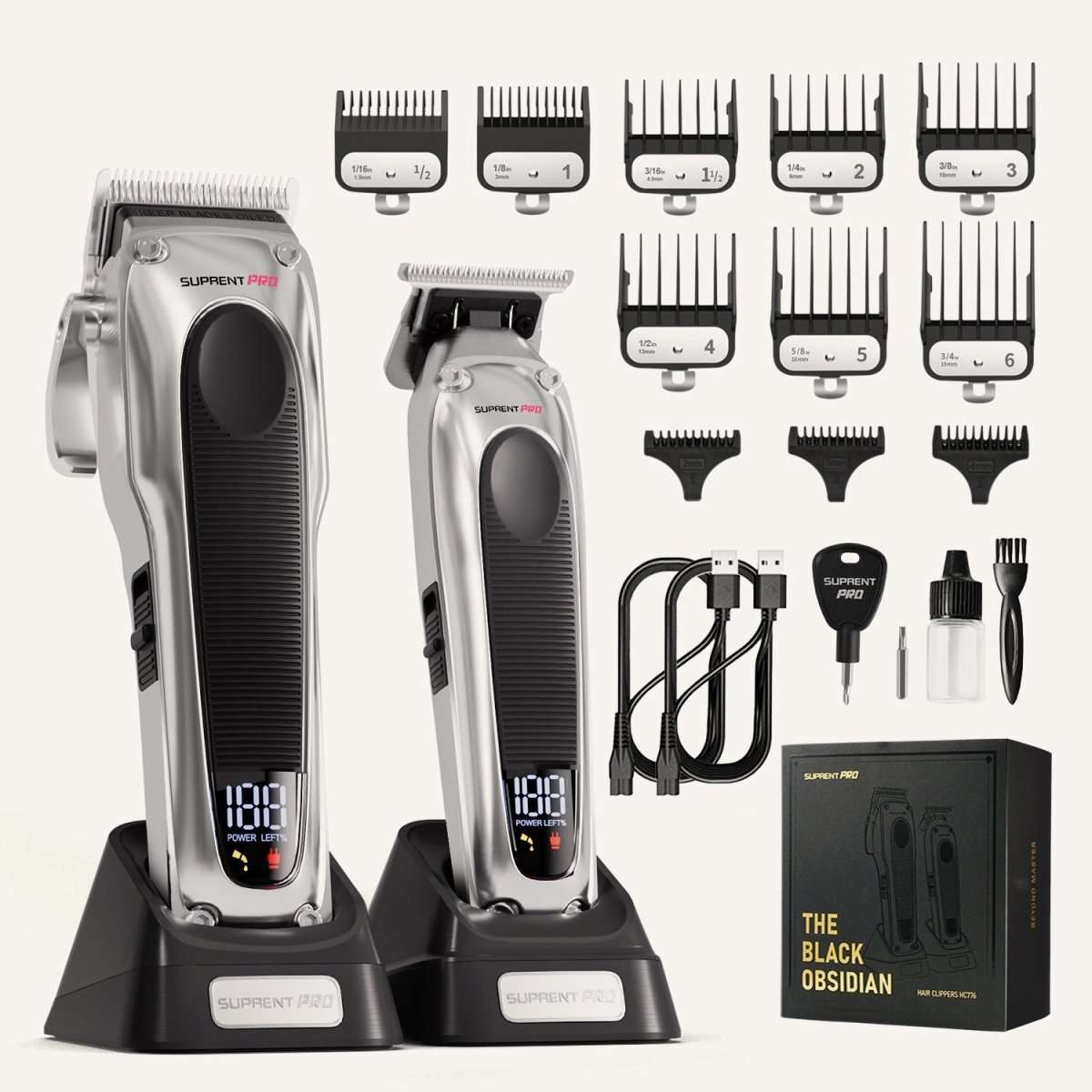 Hair clipper trimmer set with two silver clippers, comb guards, and accessories