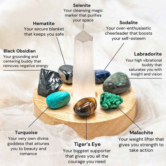 Quartz point crystal lamp with assorted dark and green stones on round wooden base