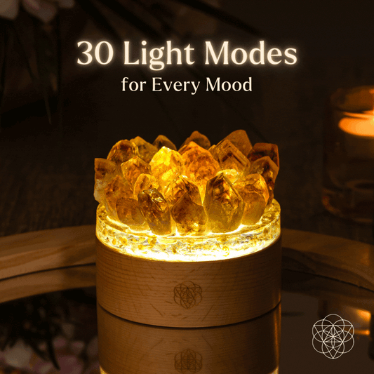 Glowing citrine crystal lamp with wood-texture base, amber light around quartz cluster