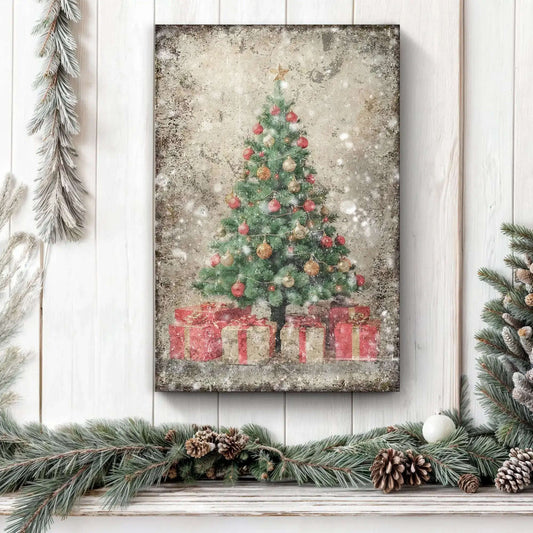 Vintage Christmas Tree With Gifts Wall Art III Tailored Canvases 18x12 inch Medium Premium Gallery Wrapped 24x16 inch Large Premium Gallery Wrapped 36x24 inch Extra Large Premium Gallery Wrapped 18x12 inch Medium Premium Gallery Wrapped-24x16 inch Large Premium Gallery Wrapped-36x24 inch Extra Large Premium Gallery Wrapped-