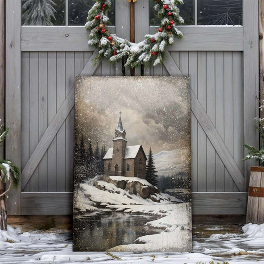 Vintage Church Christmas Wall Art II Tailored Canvases 18x12 inch Medium Premium Gallery Wrapped 24x16 inch Large Premium Gallery Wrapped 36x24 inch Extra Large Premium Gallery Wrapped 18x12 inch Medium Premium Gallery Wrapped-24x16 inch Large Premium Gallery Wrapped-36x24 inch Extra Large Premium Gallery Wrapped-