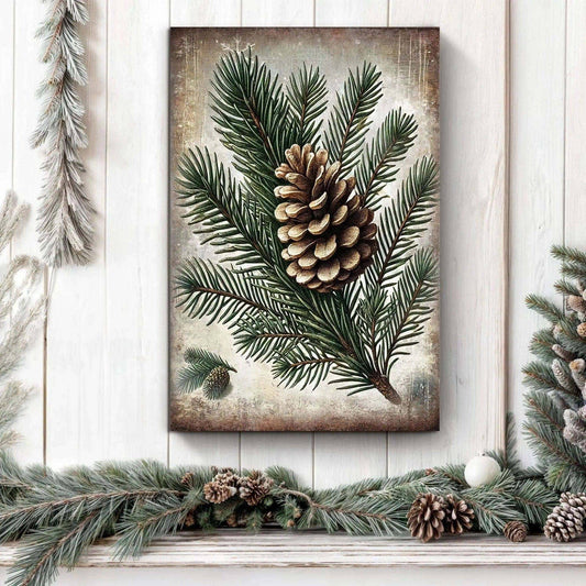 Vintage Winter Pine Cone Christmas Wall Art Tailored Canvases 18x12 inch Medium Premium Gallery Wrapped 24x16 inch Large Premium Gallery Wrapped 36x24 inch Extra Large Premium Gallery Wrapped 18x12 inch Medium Premium Gallery Wrapped-24x16 inch Large Premium Gallery Wrapped-36x24 inch Extra Large Premium Gallery Wrapped-