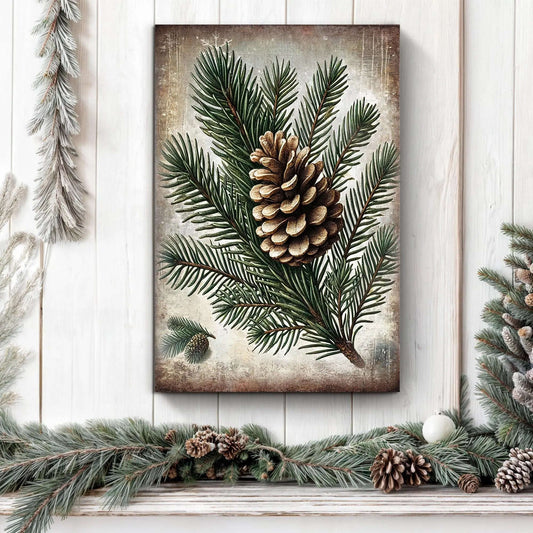 Vintage Winter Pine Cone Christmas Wall Art Tailored Canvases 18x12 inch Medium Premium Gallery Wrapped 24x16 inch Large Premium Gallery Wrapped 36x24 inch Extra Large Premium Gallery Wrapped 18x12 inch Medium Premium Gallery Wrapped-24x16 inch Large Premium Gallery Wrapped-36x24 inch Extra Large Premium Gallery Wrapped-