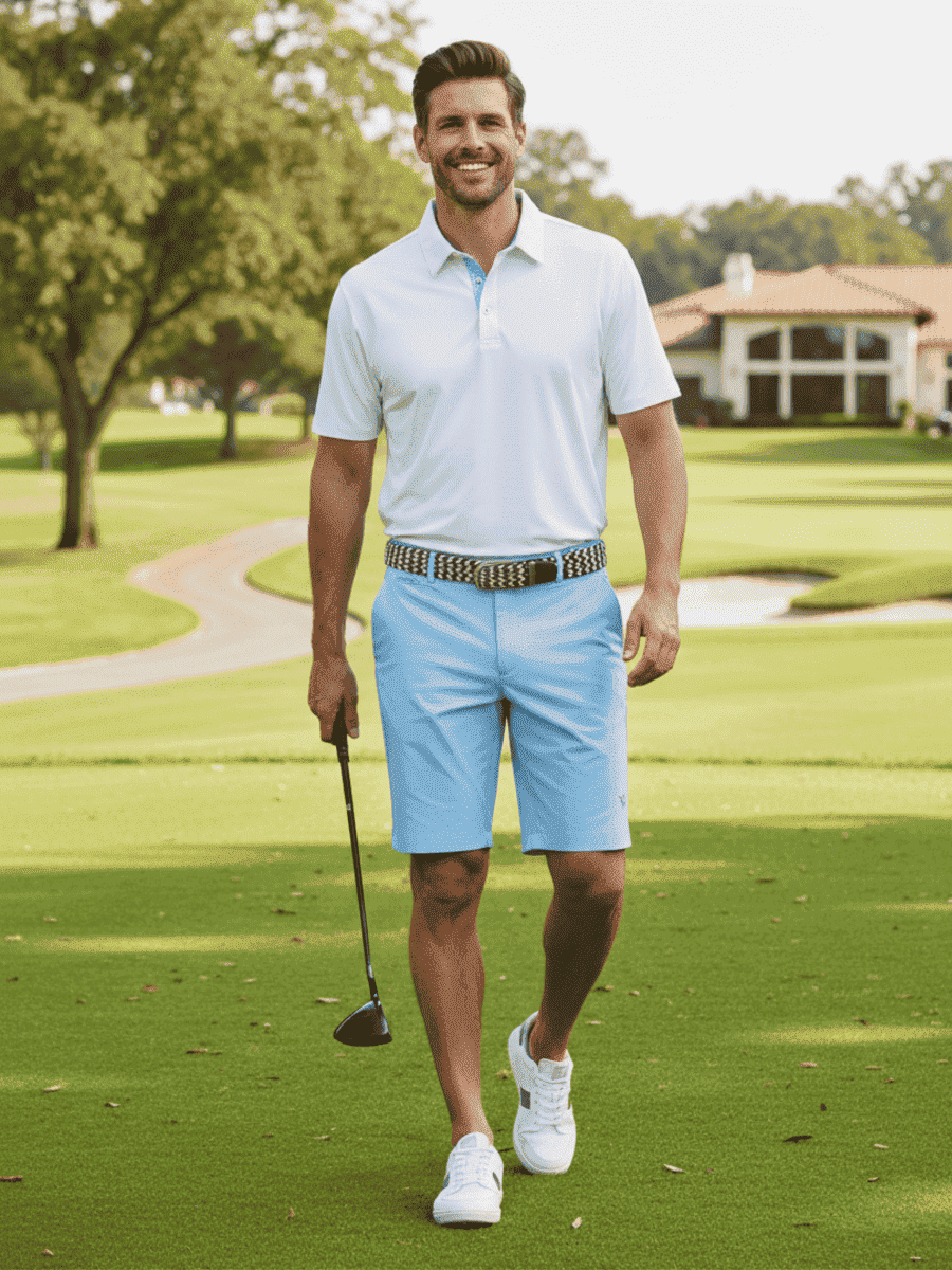 Navy-and-white woven braided belt worn with polo and shorts