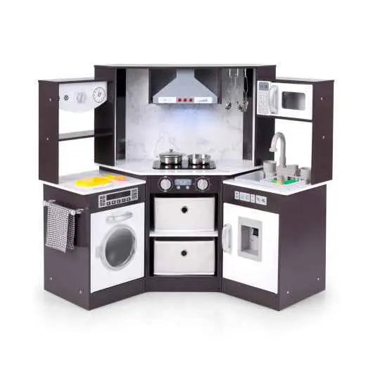 Wooden kids play kitchen set with stovetop, oven door, sink, and faucet, dark brown & white