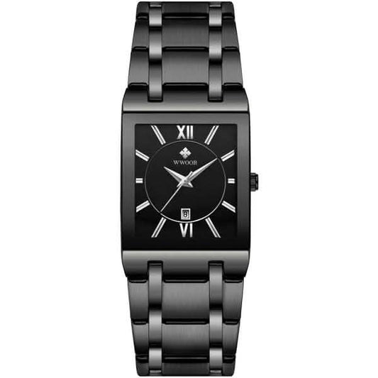 Men’s square date watch with black dial and black metal link bracelet