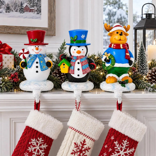 Set of 3 Christmas Stocking Holders - Snowman Penguin Reindeer Mantel Hooks BestPysanky Default Title Default Title-