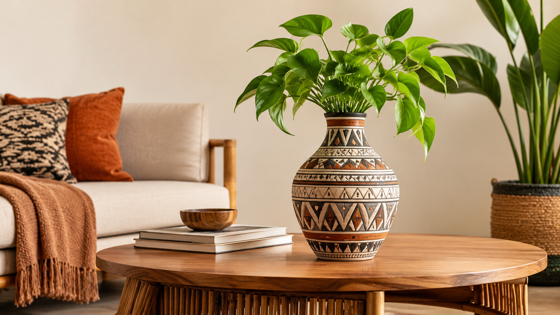 A stylish living room featuring a wooden coffee table with a patterned vase holding green plants, surrounded by decorative books and a small bowl, with a cozy sofa and textured pillows in the background.